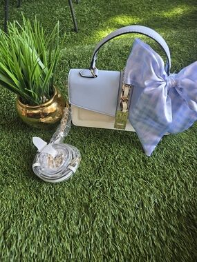 Aldo Light Blue and White Top-Handle Crossbody Bag with Bow